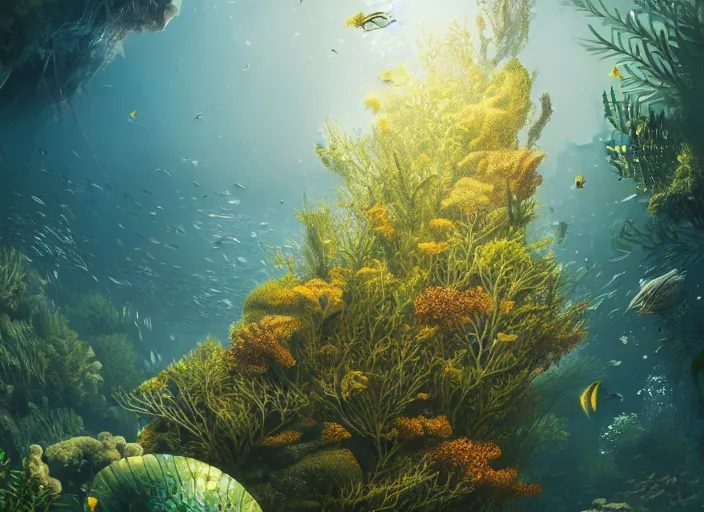 Image similar to overgrown foliage overtaking tall buildings, underwater environment, storefronts, coral, scenery, professional, award - winning, trending on artstation, hyper detailed, realistic, beautiful, emotional, shiny, golden, picture