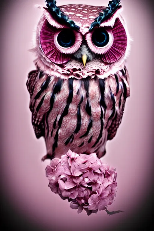 Prompt: dusty rose owl with tentacles tipped in black, flowerpunk, by natalie shau