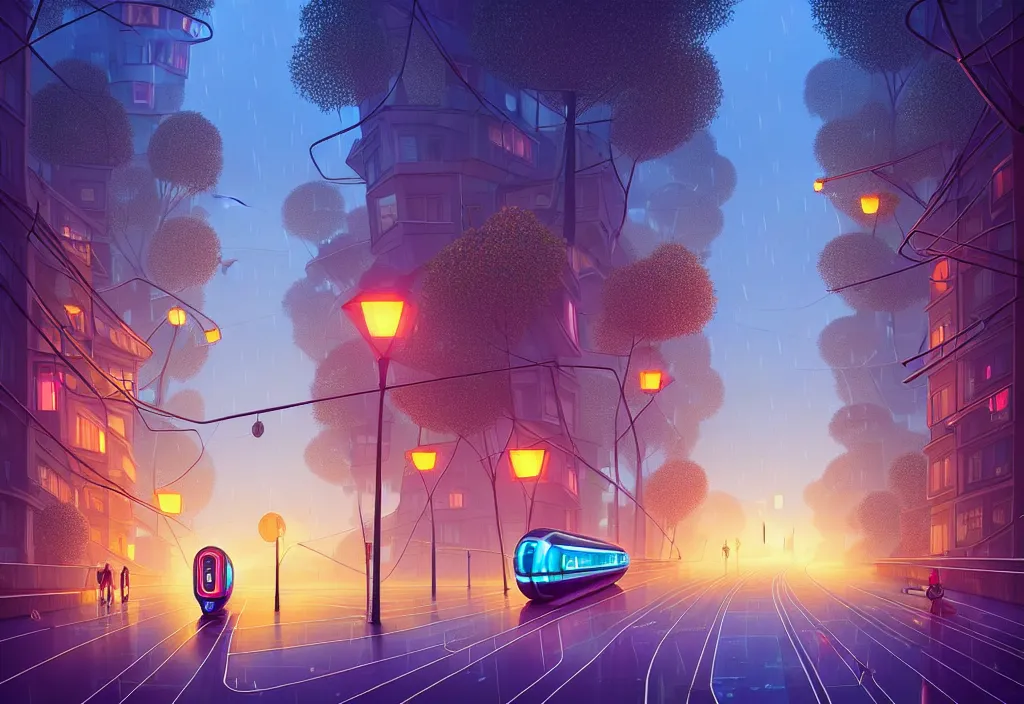 Prompt: Beautiful city at night with futuristic trains, metro, technology, utopia, houses, skyscraper overgrown with trees and plants. Raining at night with light pole illuminate the patch, Nice color scheme, warm colour. Beautiful artistic digital artwork by artist Lurid. (2022), Gediminas Pranckevicius