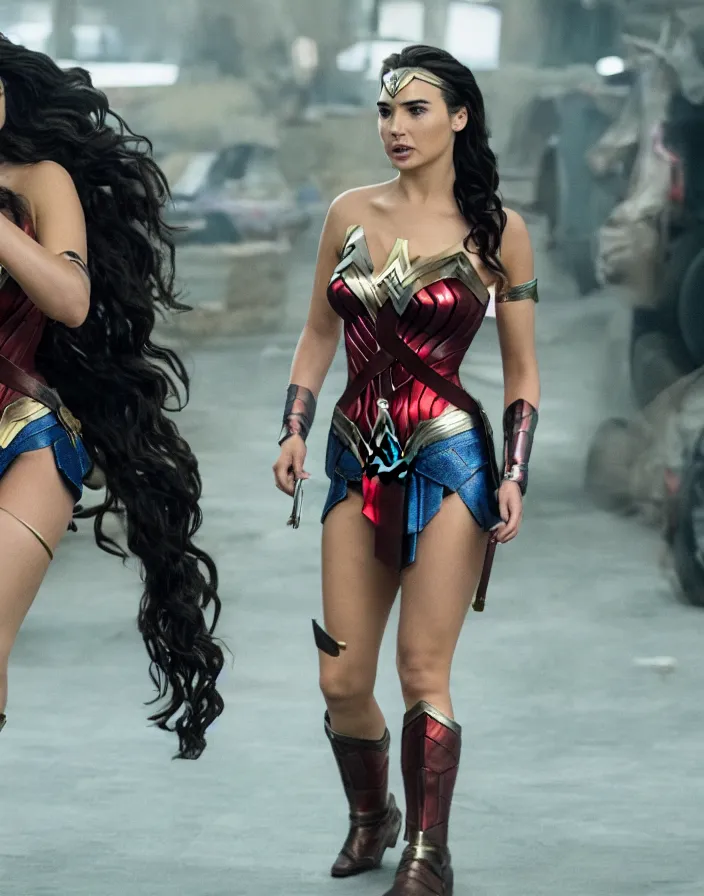 Image similar to movie still of demi rose as gal gadot wearing tube top from the movie wonder woman, directed by scott snyder, 4 k hd, oscar winning, high detail