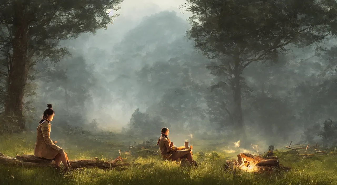 Image similar to A panoramic photograph of a girl with short black hair in a tan tenchcoat sitting on a log and drinking tea by the campfire at night in a grove, large landscape with a village in the valley, ray tracing final fantasy cinematic trailer, Jakub Rozalski