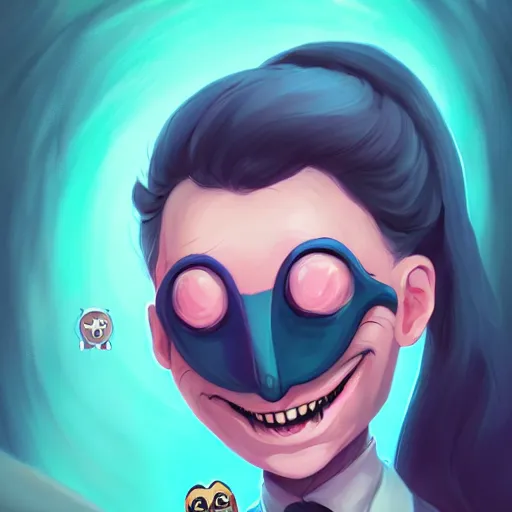 Image similar to a portrait of the smiling happy mask salesman, eyes closed, art by lois van baarle and loish and ross tran and rossdraws and sam yang and samdoesarts and artgerm and saruei and disney, digital art, highly detailed, intricate, sharp focus, trending on artstation hq, deviantart, unreal engine 5, 4 k uhd image