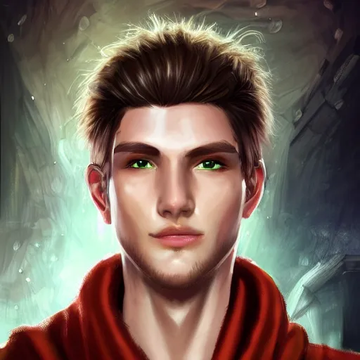 Prompt: realistic portrait, 25 years old man :: athletic fantasy mage :: green eyes, long brown hair :: wearing a robe :: high detail, digital art, RPG, concept art, illustration