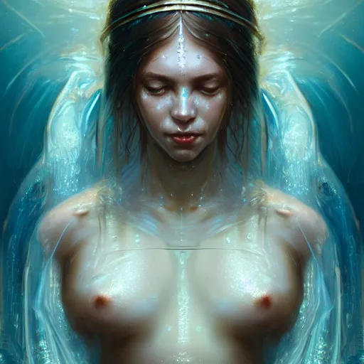 Prompt: a beautiful portrait of a water goddess with transparent skin and white pupils by Greg Rutkowski and Raymond Swanland, Trending on Artstation, water background, ultra realistic digital art