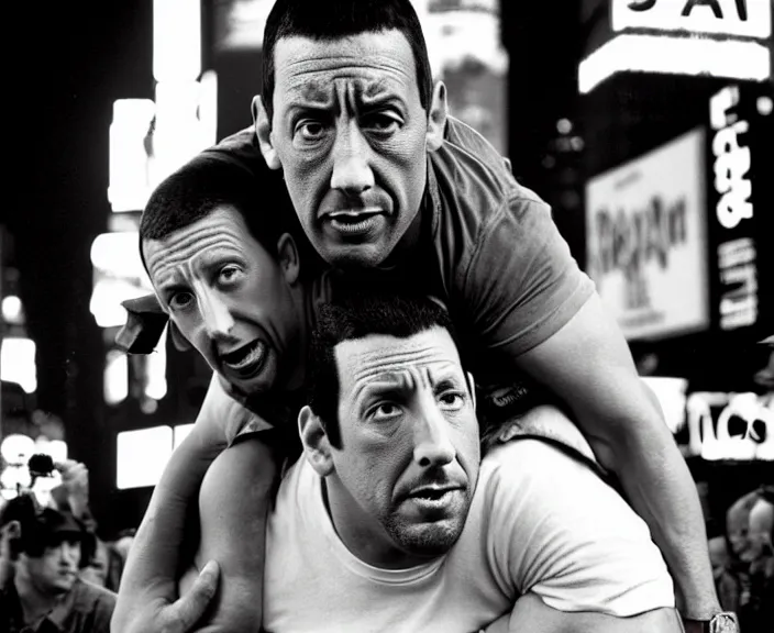 Image similar to The rock piggyback on Adam Sandler on Methamphetamine at Times Square, photograph by Alfred Eisenstaedt, 4K, dramatic lighting; 4K 8K