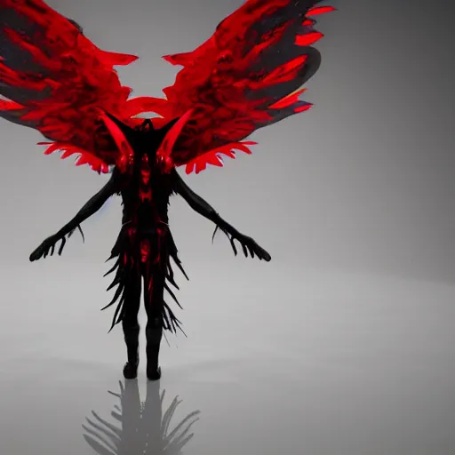 Image similar to abstract shadow demon with wings red hunter eyes, highly realistic photo realistic octane render blender highly detailed 8 k