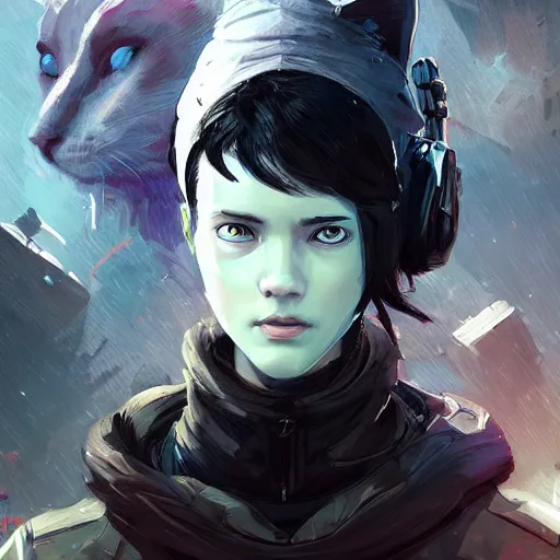 Image similar to a pale young girl with black hair, 1 8, in a hoodie, and a cat, apex legends character, digital illustration portrait design, by android jones and greg rutkowski, retrowave color scheme, detailed, cinematic lighting, wide angle action dynamic portrait