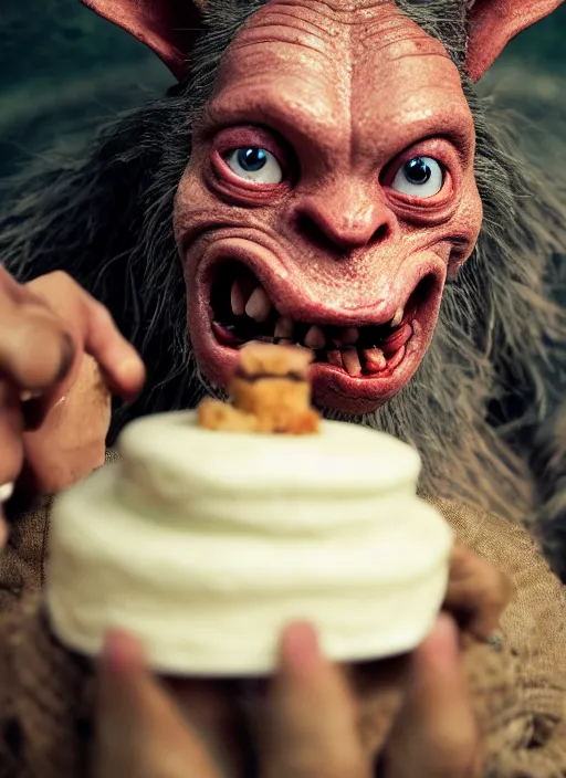 Image similar to closeup portrait of a medieval goblin eating cakes, depth of field, zeiss lens, detailed, symmetrical, centered, fashion photoshoot, by Annie Leibovitz and Steve McCurry, David Lazar, Jimmy Nelsson, Breathtaking, 8k resolution, extremely detailed, beautiful, establishing shot, artistic, hyperrealistic, beautiful face, octane render