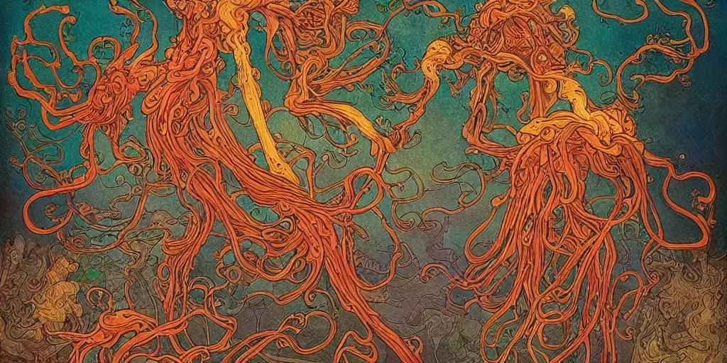 Prompt: epic illustration of a fungus god, by james jean, by ivan bilibin. glossy wet levitating floating fungus god with arms outstretched, made from colorful wet fungus tendrils. uhd, amazing depth, cinematic lighting