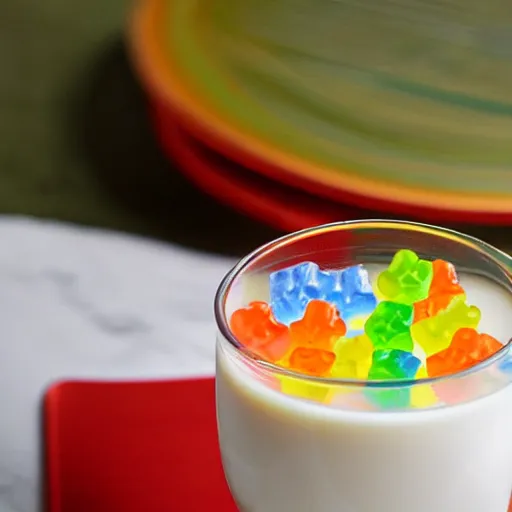 Prompt: Suudsu, skim milk with gummy bears floating in it, Food Network recipe photograph.