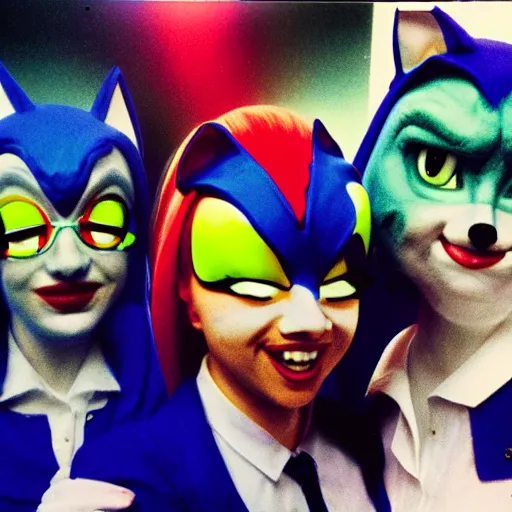 Prompt: polaroid photo of jehovah's witnesses cosplaying sonic characters with makeup, color photo, award winning