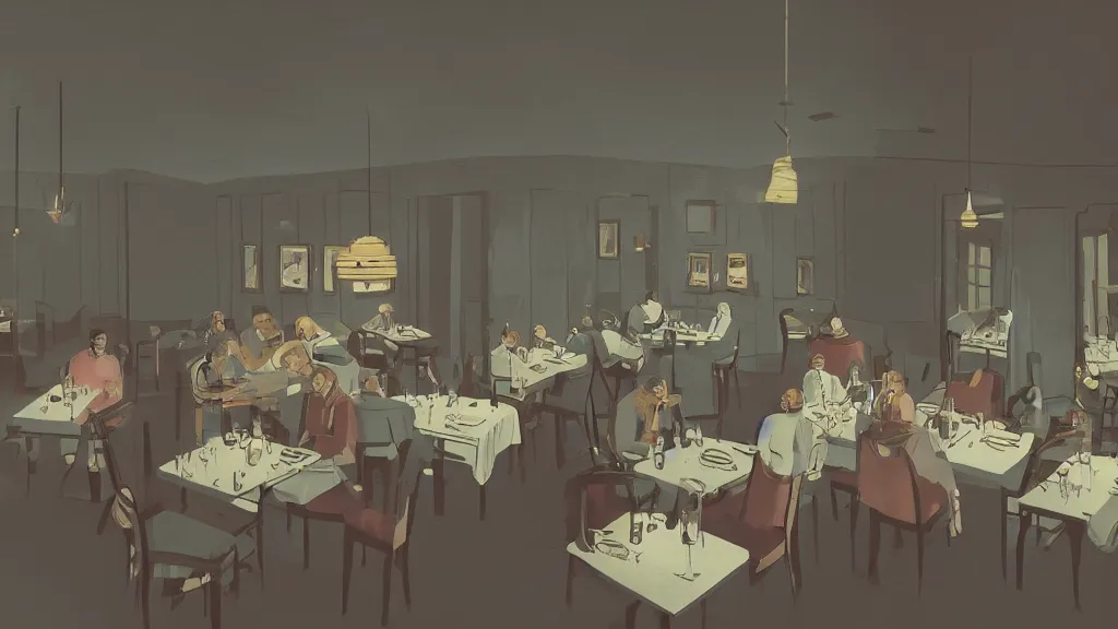 Prompt: At the restaurant, in the style of David Lynch, by Wes Anderson, concept art, artstation