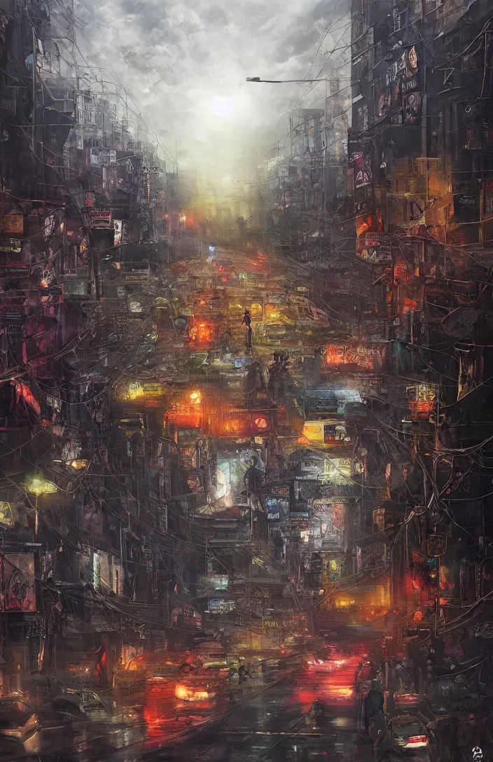 Prompt: gothpunk dhaka city under twin suns , Dhaka traffic, realistic painting, classical painting, high definition, digital art, matte painting, vibrant, mystical, fantasy art, very detailed, realistic