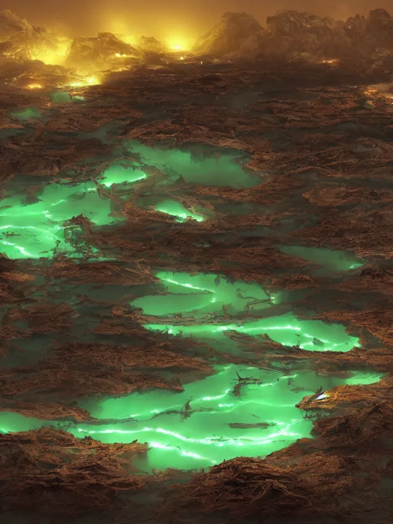 Image similar to glowing radioactive lakes on alien planet at night by disney concept artists, blunt borders, rule of thirds