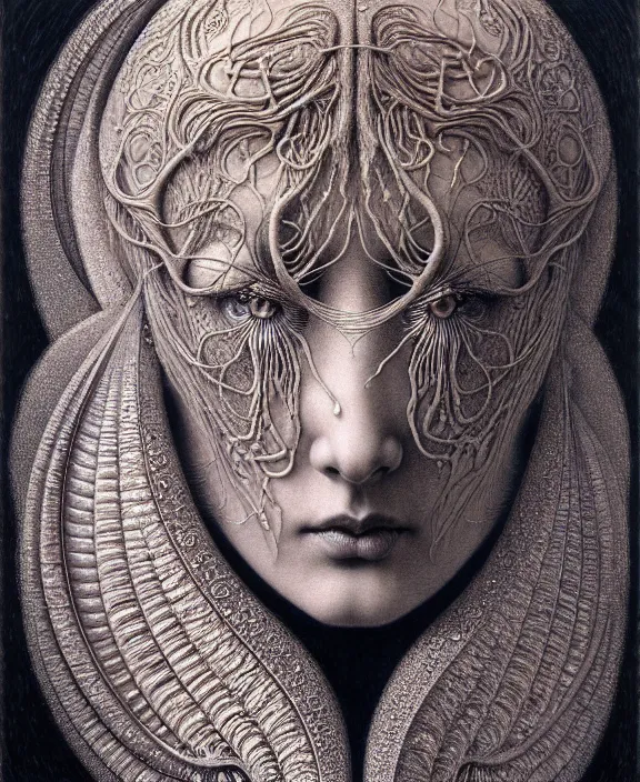 Image similar to detailed realistic beautiful moon goddess face portrait by jean delville, gustave dore, iris van herpen and marco mazzoni, art forms of nature by ernst haeckel, art nouveau, symbolist, visionary, gothic, neo - gothic, pre - raphaelite, fractal lace, intricate alien botanicals, ai biodiversity, surreality, hyperdetailed ultrasharp octane render