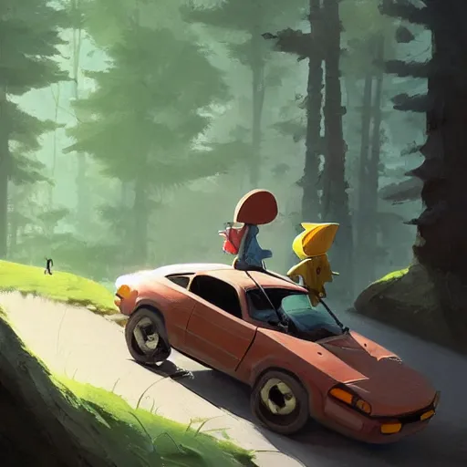 Image similar to goro fujita ilustration hikers parking the car in the forest, painting by goro fujita, characterized by masamune shirow and greg rutkowski, character art, focus, highly detailed, artstation