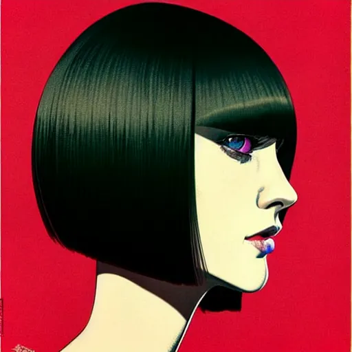 Image similar to woman with bobcut haircut with friendly blue eyes and slim features looking askance while smoking, underground box office hit, satire and seventies italian horror movie, intricate, ultra detailed 8 k, best, cool, extremely beautiful and aesthetic shape of face and neck, art by hiroaki samura and ilya kuvshinov and rossdraws and andy warhol, inverted