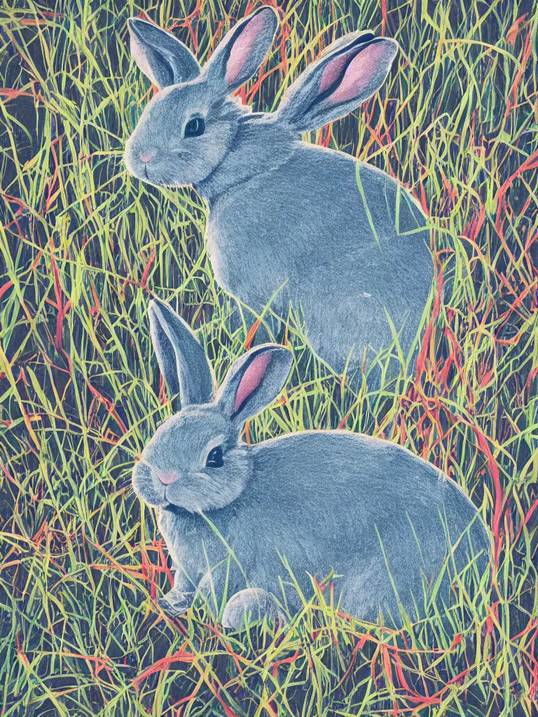 Image similar to screen print of a rabbit in nature, with laptop