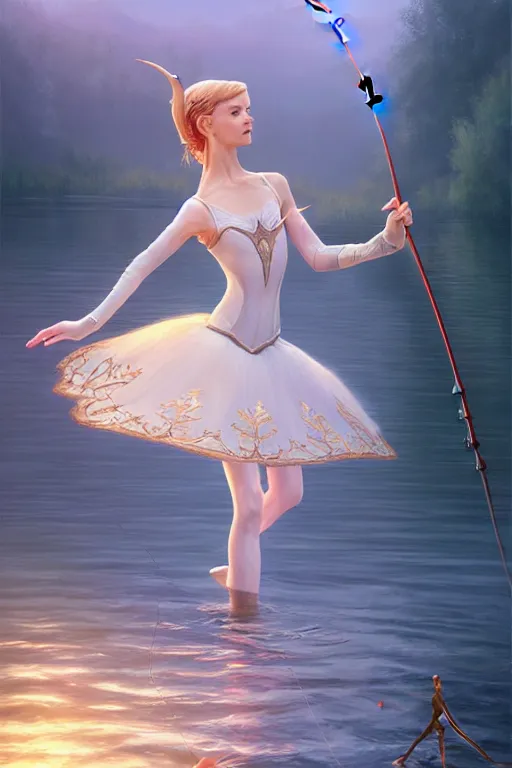 Prompt: elegant elf ballerina fishing in lake, highly detailed, d & d, fantasy, highly detailed, digital painting, trending on artstation, concept art, sharp focus, illustration, global illumination, ray tracing, realistic shaded, art by artgerm and greg rutkowski and fuji choko and viktoria gavrilenko and hoang lap