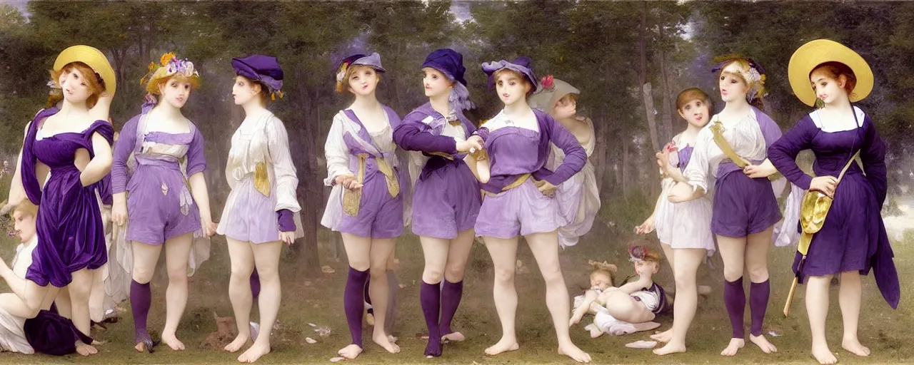 Prompt: A character sheet of full body cute magical girls with short blond hair wearing an oversized purple Beret, Baggy Purple overall shorts, Short Puffy pants made of silk, pointy jester shoes, a big billowy scarf, Golden Ribbon, and white leggings Covered in stars. Short Hair. Sunlit. Haute Couture. Art by william-adolphe bouguereau and Paul Delaroche and Alexandre Cabanel and Lawrence Alma-Tadema and Johannes Helgeson. Smooth. Elegant. Highly Detailed. Intricate. 4K. UHD. Denoise.