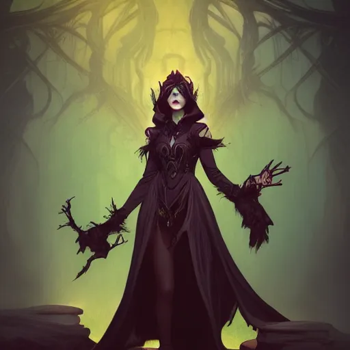 Image similar to a female warlock posing for photo , dynamic pose, natural lighting, medium level shot , epic scene, Mucha style , Grim fantasy, illustration ,concept art,