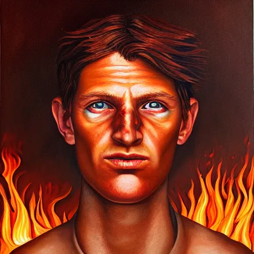 Image similar to a hyper realistic painting of a young fire - man, by jeffrey smith, by andrea kowch