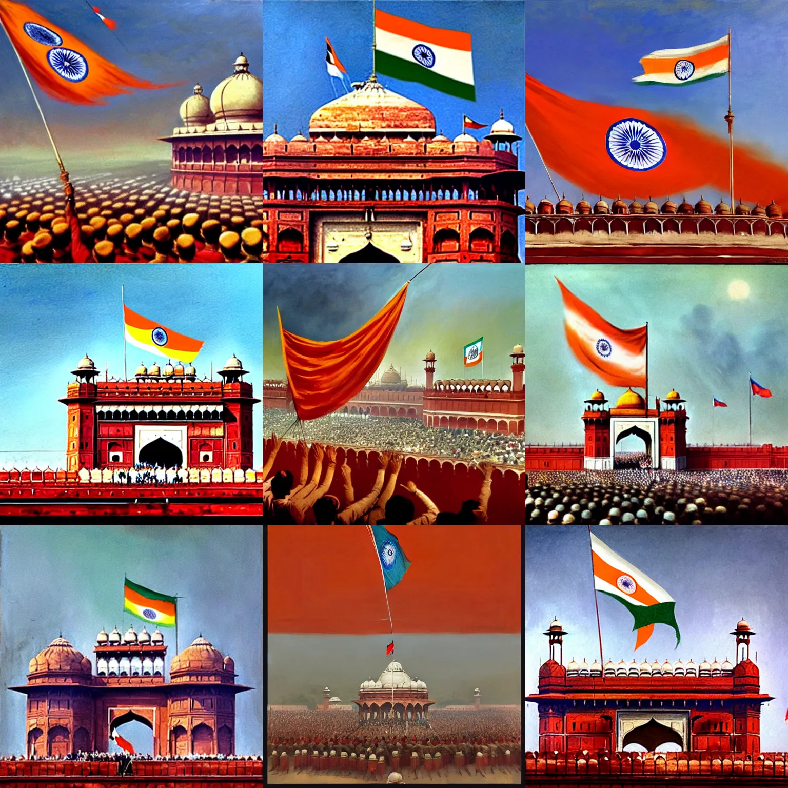 Prompt: a cinematic dramatic scene of indian freedom fighters hoisting a colossal indian flag on top of red fort, 1 9 4 7. oil on canvas, by vito acconci, by greg rutkowski, trending on artstation, featured on pixiv, masterpiece, oil painting, cinematic composition, brilliant lighting, highly detailed, hd, 8 k