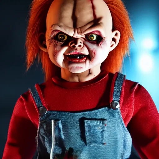 Image similar to Chucky the killer doll from the movie Child's Play demonic scary creepy movie still 8k hdr scary lighting