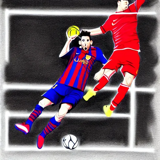 Image similar to Messi dunking on Ronaldo, illustration, sketch