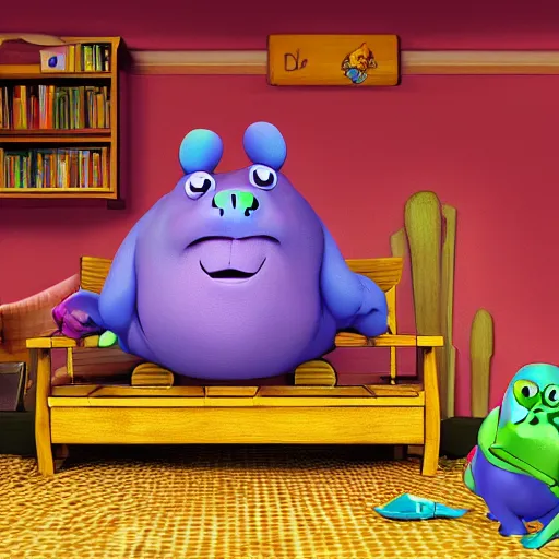 Image similar to a baby hippo lives in a cozy house. it likes to watch tv in the family room. digital art. pixar. toy story.