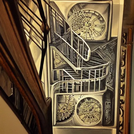 Image similar to Steampunk escher stairwell painting