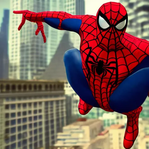 Prompt: fat spider - man falling into a large pool in the middle of a busy city, ultra realistic, hd, 8 k