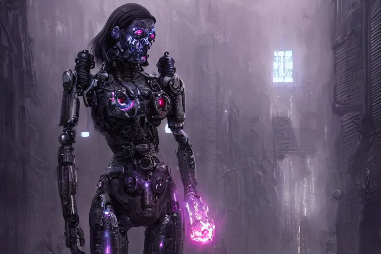Prompt: cyborg female necromancer dark magic summoning ritual, highly detailed full body portrait, scifimedieval gothic cyberpunk city background, special effects, cinematic lighting, grimdark atmosphere, sparks, energy shield, highly detailed, futuristic street, foggy weather, masterpiece, trending on artstation, art by eddie mendoza