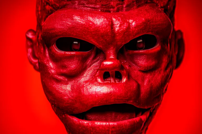 Prompt: hyperrealistic humanoid monster with pearlescent skin crawling out of a red room dramatic lighting on one side wide angle 35mm shallow depth of field 8k