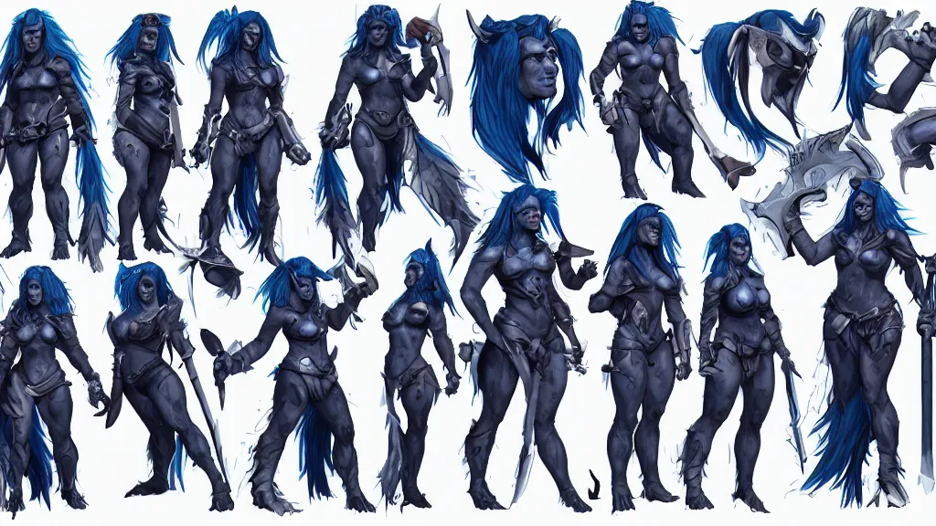 Image similar to a fantasy dark blue haired female barbarian orc character design sheet, trending on artstation