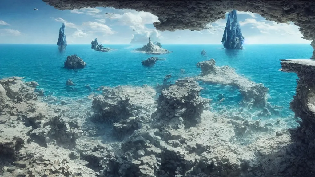 Image similar to clear blue ocean waters splitting apart to reveal ocean floor, whimsical surrealism, dream recording, 4 k, award - winning, octane render, deep - space imaging, intricate geometry, fantastical setting, otherwordly, art by salvador dali, by greg rutkowski