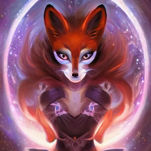 Prompt: a painted avatar portrait of an awesome cosmic powerful humanoid kitsune fox mage themed around life and death and the stars and the cosmos and dressed in elegant elven mage robes, in the style of dnd beyond avatar portraits, beautiful, artistic, elegant, lens flare, magical, lens flare, nature, realism, stylized, art by jeff easley