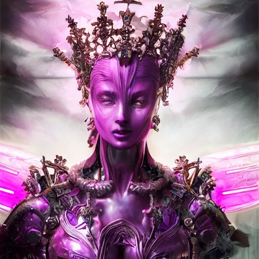 Image similar to cybernetic female angel queen head wearing shiny pink crown, subtle purple accents, hyper details, black metal rococo, sculpted by Alex Alice, Craig Mullins, yoji shinkawa, trending on artstation, beautifully lit, Peter mohrbacher, hyper detailed, elite, elegant, luxury, ray of light through smoke, CGsociety, hypermaximalist, golden ratio, neofuture, volumetric, octane render, weta digital, micro details, 3d sculpture