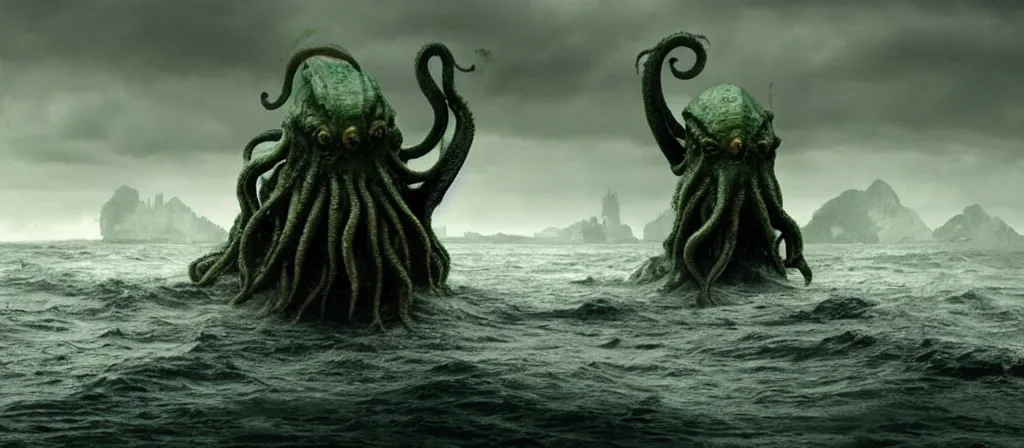 Image similar to A Still of one giant Cthulhu emerged from the ocean, water dripping off him, Cthulhu is gigantic, a tiny boat in the water beneath Cthulhu, you can see this from the beach looking out into a dark a storming ocean, Move shot film, gloomy very misty, Cthulhu is going towards a city, you can see a city next to a beach