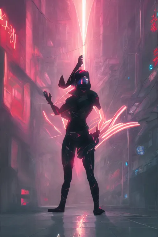 Image similar to ninja slayer, japan, neon lightning, night city, highly detailed, digital painting, trending on artstation, concept art, sharp focus, illustration, art by artgerm and greg rutkowski and magali villeneuve