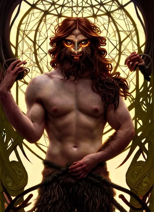 Image similar to portrait of demigod hercules, long wavy auburn hair, wild boar hide, glowing eyes, volumetric lights, forest, art nouveau botanicals, gothic, intricate, highly detailed, digital painting, artstation, concept art, smooth, sharp focus, symmetric face, illustration, steampunk, art by artgerm and greg rutkowski and alphonse mucha