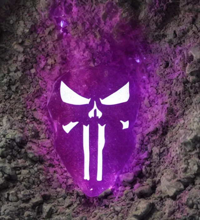 Prompt: punisher symbol is luminous deep purple crystal growing in a cave with smoke and light rays.