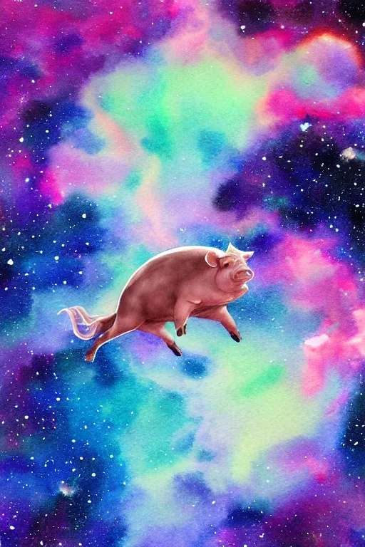 Image similar to a blissful pig flying through a beautiful nebula, water color