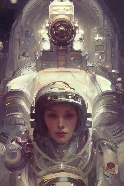 Prompt: A full portrait of a scifi heavy deep space freighter pilot, intricate, elegant, highly detailed, digital painting, artstation, concept art, smooth, sharp focus, illustration, art by Krenz Cushart and Artem Demura and alphonse mucha