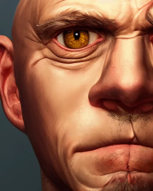 Image similar to portrait of a 4 0 - year - old bald man without nose, with a white complexion, cat - like scarlet eyes,, and a thin mouth, hyper realistic face, beautiful eyes, character art, art by mark brooks, hyperdetailed, cryengine, trending on artstation, digital art