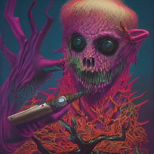 Prompt: Vampire in Fear and Loathing Wonderland, a psychedelic horror fantasy portrait by Wayne Barlowe, vivid color,