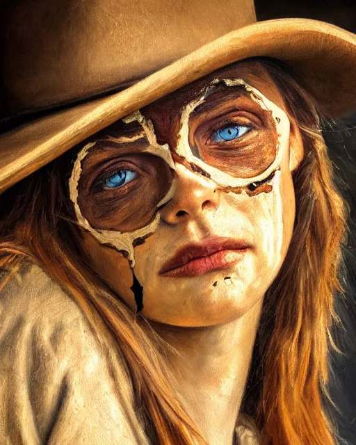 Prompt: oil painting portrait of cowgirl with burn scar exactly half of her face and one blind eye, golden ration, high production value, intricate details, high resolution, hdr, high definition, masterpiece, realistic, ultrarealistic, highly detailed, hd, sharp focus, non blurry, sharp, smooth