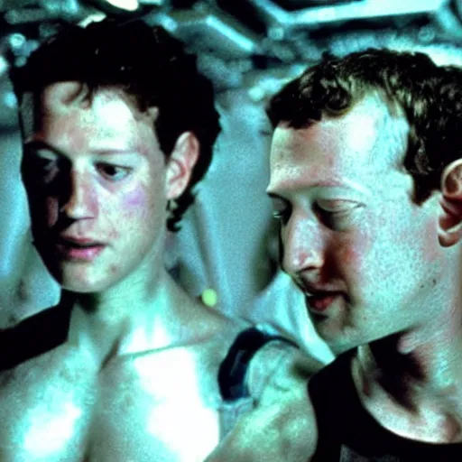 Image similar to mark zuckerberg inspecting the failed ripley clones experiments of himself from the movie Alien Resurrection.