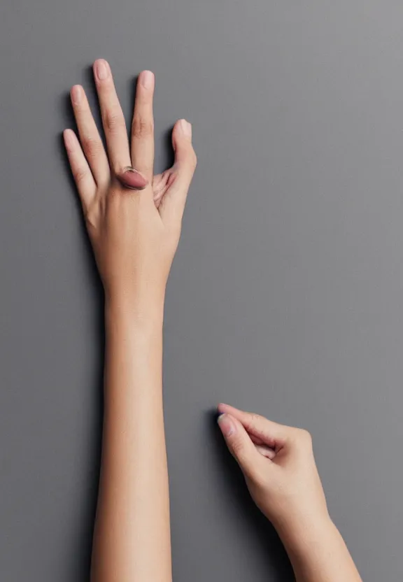 Image similar to photorealistic woman's hand with palm up, back of hand on the table, palm pattern visible, instagram photo, studio photo, 9 0 mm, f / 1. 4