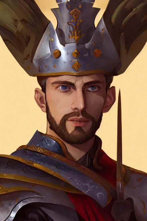 Image similar to highly detailed 2 d book illustration, gouache inspired, contourless, cell shaded, high fantasy character portrait of [ [ [ king arthur ] ] ], by eldar velikhanov, adam lee and walt disney, trending on artstation, sharp focus, octane render, 4 k